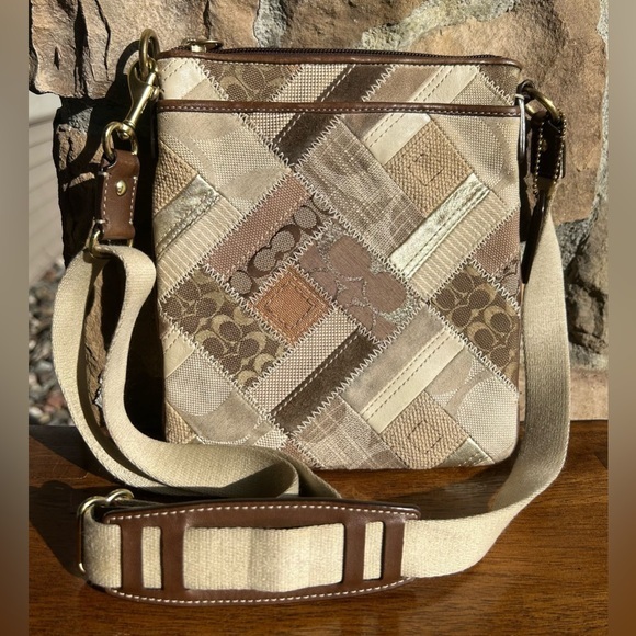 Coach Patchwork Khaki Brown Denim Swingpack Crossbody 41705 Y2K - Picture 1 of 16